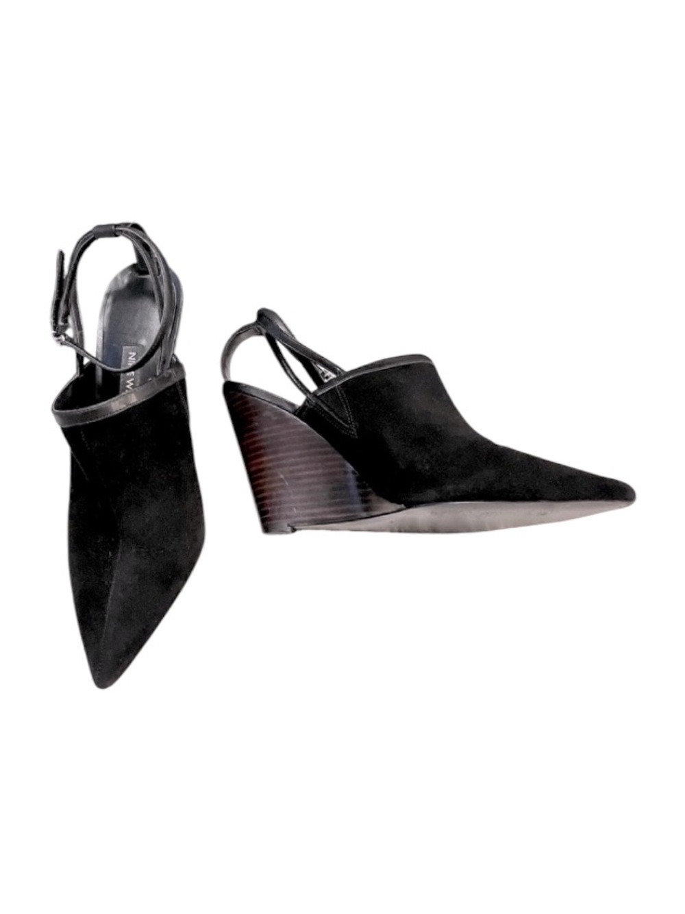 Nine West Black Suede Pointy Ankle Strap Wedge Heel Shoe Vachya Sz 7.5